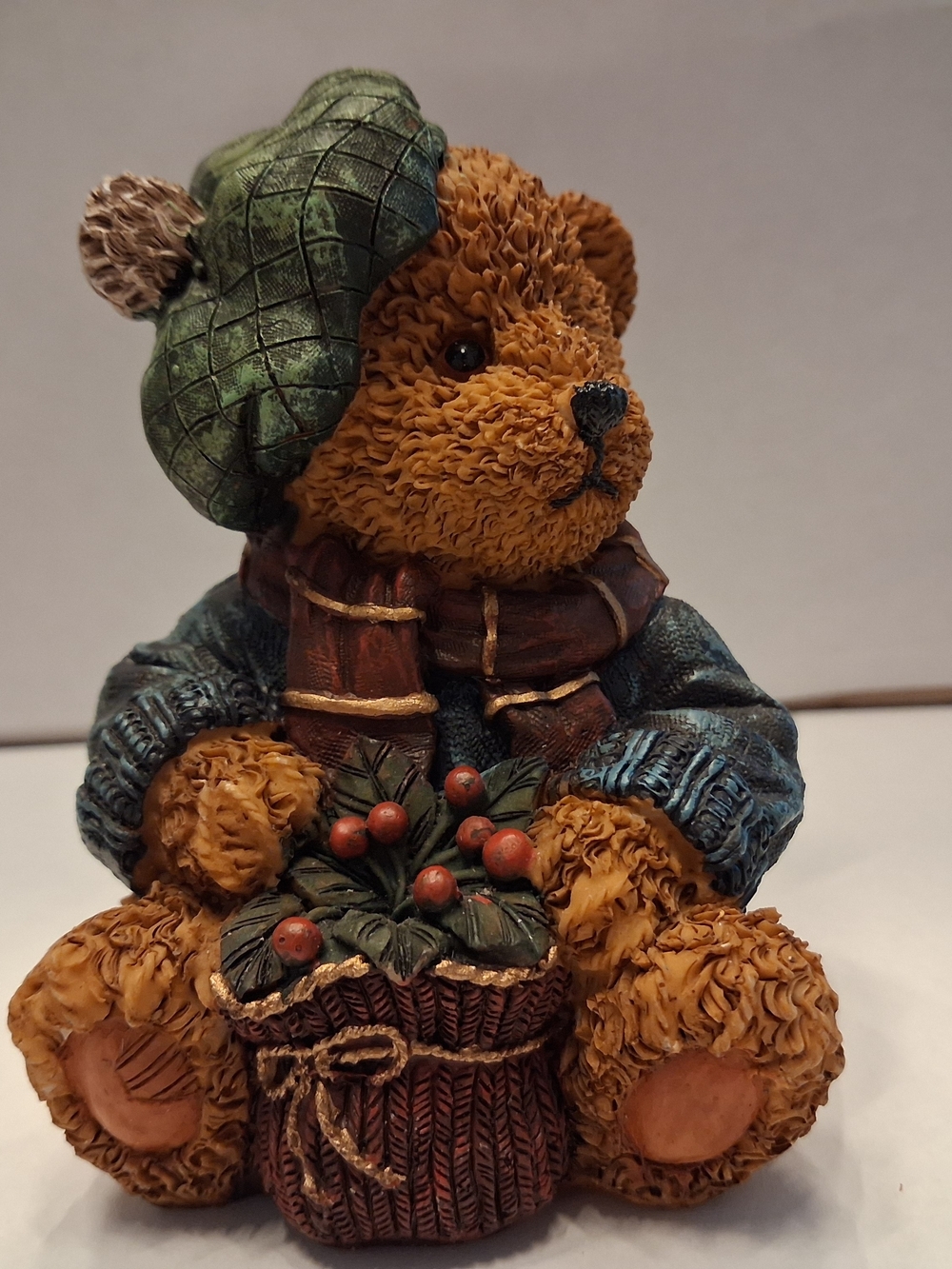 Green-Hat Teddy Bear Figurine Decorative Home Art (Vintage)